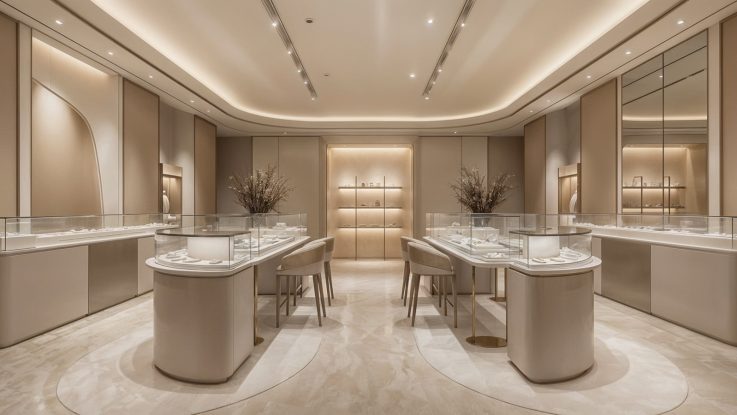 Çemberlitaş kuyumcu projesi genel görünüm ve bej tonlu soft luxury tasarım