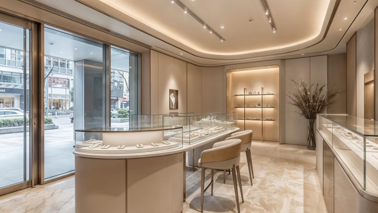 Mağaza girişinden görünen panoramik cam cephe, doğal taş zemin kaplaması ve minimalist mağaza tasarımı