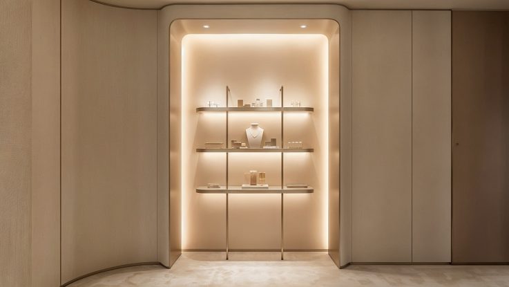 Duvar içi gizli LED aydınlatmalı özel tasarım mücevher sergileme nişi