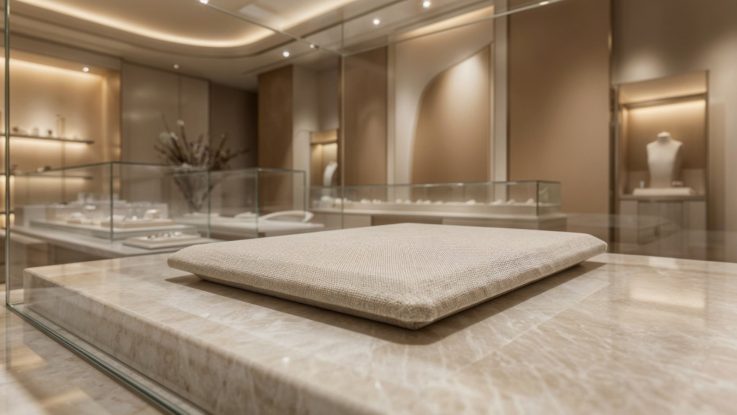 Vitrin içi kumaş kaplama detayı ve mermer görünümlü tezgah yüzeyi