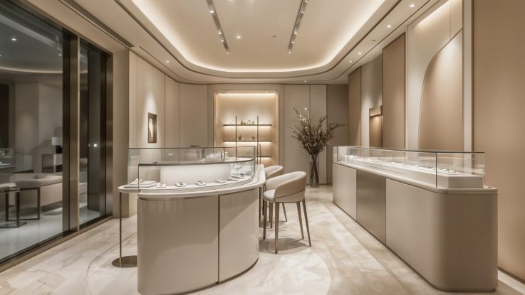 sıcak ışık atmosferi, deri bar sandalyeleri ve ada vitrin kurgusu.