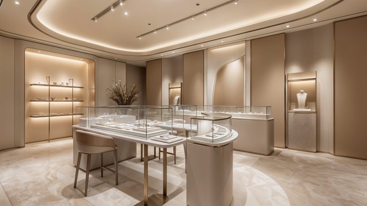 Mekana derinlik katan kavisli duvar panelleri, minimalist mücevher rafları ve zemin-tavan renk bütünlüğü.