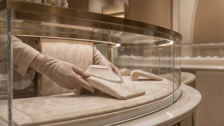 Vitrin içerisinde bej süet eldiven ile yapılan pırlanta gerdanlık sunumu ve kavisli cam vitrin detayı.