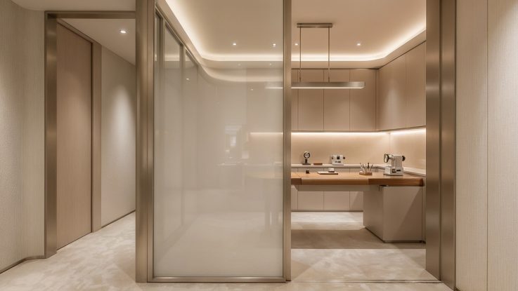 Mağaza içerisindeki yarı şeffaf buzlu cam bölme, sürgü kapı sistemi ve arkasındaki ahşap çalışma tezgahı.