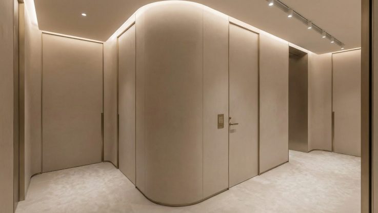 Duvarla hemzemin (gizli kasalı) tasarlanan yüksek kapılar, kavisli duvar dönüşü ve bronz kapı kolu detayı.