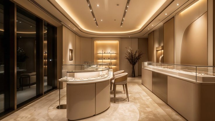 Oval formlu mücevher sergileme ünitesi, deri kaplama tabureler ve duvarda niş içerisindeki gerdanlık büstü.