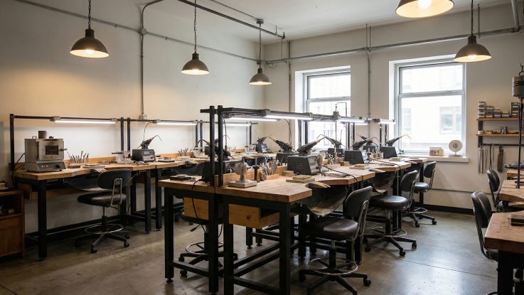 Kuyum döküm atölyesinde kullanılan metal çalışma tezgahları, sanayi tipi havalandırma kanalları ve eritme ekipmanları.