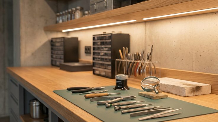 Brüt beton duvarlı atölyede meşe raflar, hassas kuyumcu el aletleri ve tezgah üstü led aydınlatma detayları.