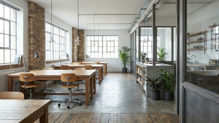 Loft stili kuyum atölyesinde masif ahşap ortak çalışma masaları, beton mutfak adası ve metal cam bölmeler.