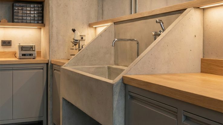 Kuyum atölyesi cila odasında kullanılan brüt beton döküm ramat evyesi ve gri lake depolama dolapları.