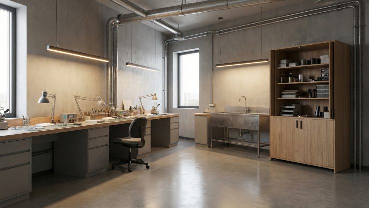 Atölye tavanında açık bırakılan galvaniz havalandırma kanalları, paslanmaz çelik yıkama ünitesi ve lineer aydınlatma.