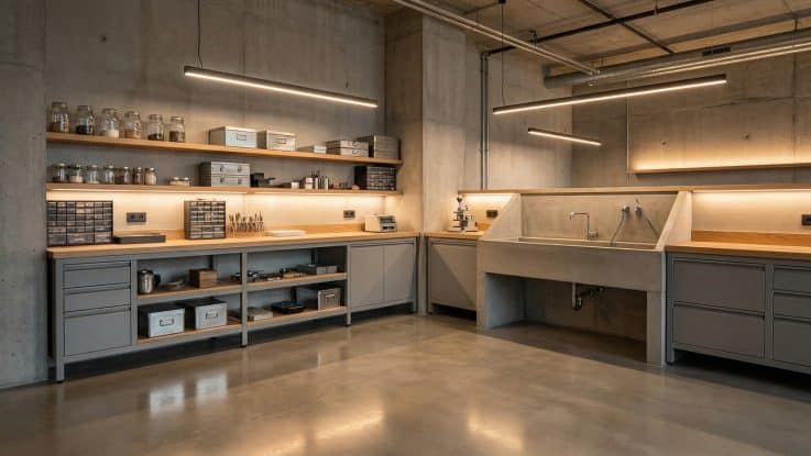 Atölye genelinde kullanılan brüt beton duvarlar, açık tesisat boruları, gri metal dolaplar ve endüstriyel aydınlatma.