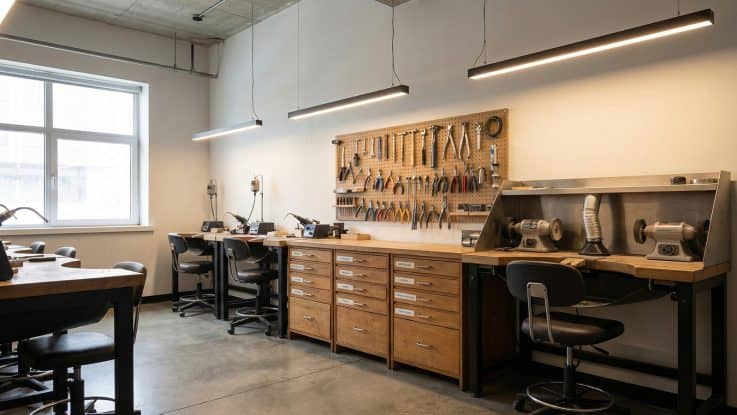 Kuyum mıhlama ustaları için tasarlanan ergonomik çalışma tezgahları, alet asma panoları ve lokal aydınlatma.