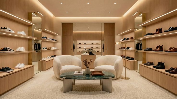 Mağaza içi bekleme alanında buklet koltuklar ve yeşil mermer sehpa detaylı mağaza iç mimarlık projesi