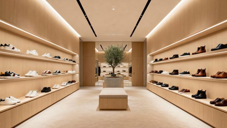 Meşe kaplama duvarlarda simetrik yüzer raf sistemi ve zemin traverten detayları