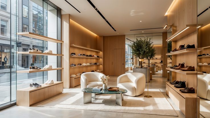 Geniş cam cepheli ayakkabı mağazası girişi ve gün ışığı alan minimalist iç mekan