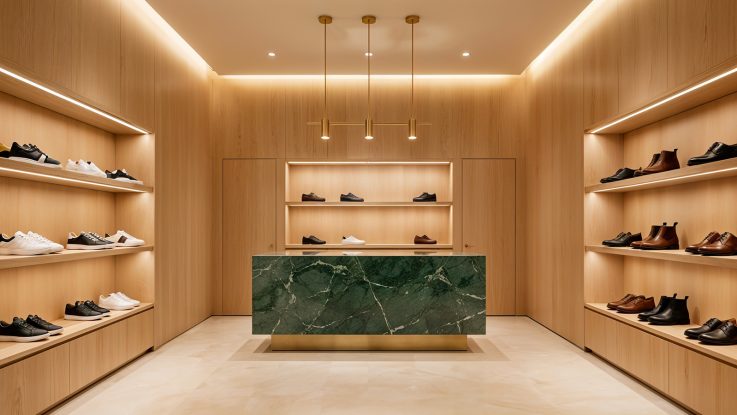 Frankfurt ayakkabı mağazası projesi Verde Guatemala mermer banko ve meşe raf sistemleri