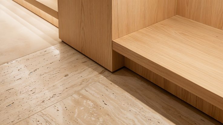 Traverten zemin kaplaması ve meşe mobilya baza detayları