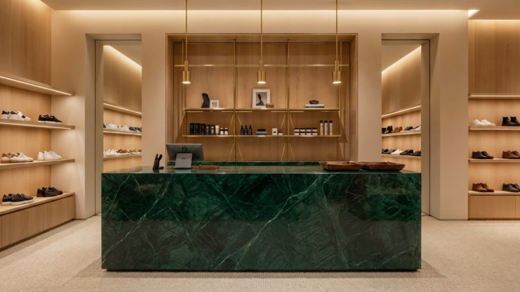 Yeşil damarlı mermer kasa bankosu ve arka planda pirinç detaylı meşe raflar