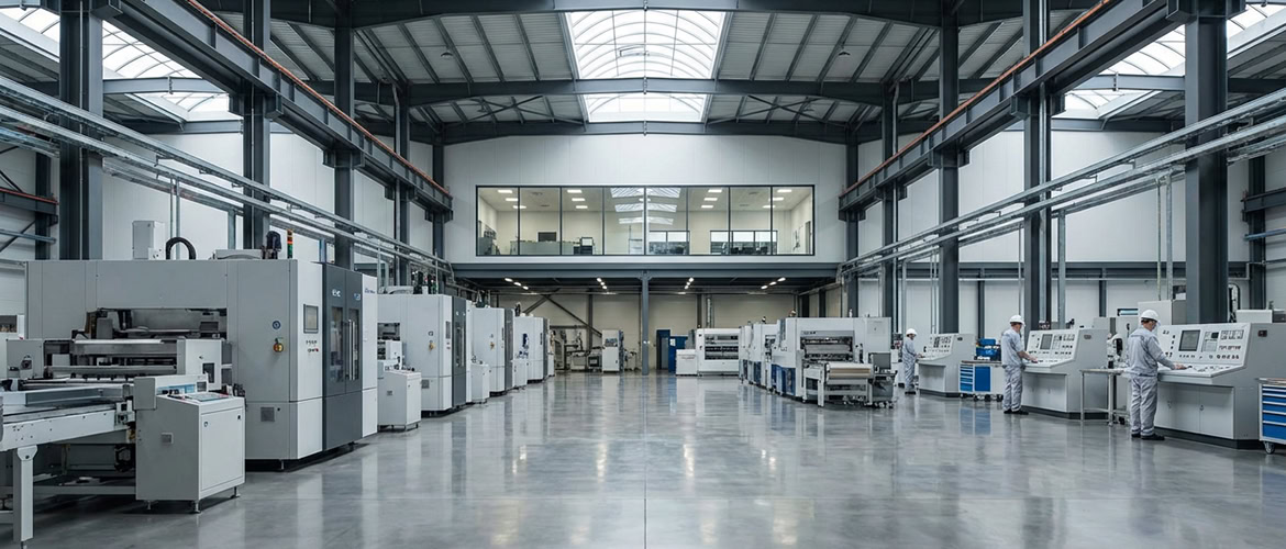 Fabrika mimarlık firması vizyonuyla tasarlanan modern üretim holü; gün ışığı alan polikarbon ışıklıklı şed çatı sistemi, CNC makine parkuru ve iş güvenliği çizgili epoksi zemin uygulaması.