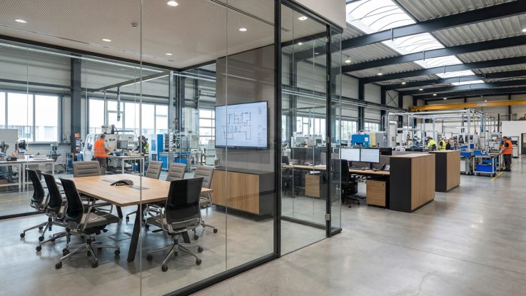 Fabrika iç mimari uygulaması kapsamında üretim sahasına entegre edilen akustik cam bölmeli yönetim ofisi ve modüler toplantı odası.