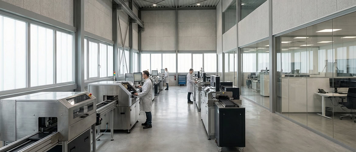 Fabrika mimari projelendirme sürecinde tasarlanan antistatik zeminli hassas montaj hattı ve şeffaf laboratuvar bölümleri.