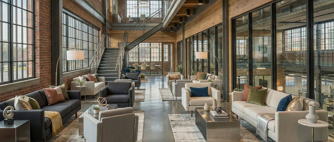 Fabrika mimarlık firması vizyonuyla tasarlanan; brüt tuğla duvarlar, çelik omurgalı merdiven ve cilalı beton zeminli idari bina lobisi.