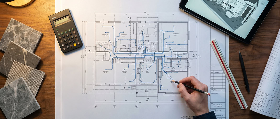 Mimari uygulama projesi, malzeme numuneleri ve teknik çizim detayları ile çalışma masası