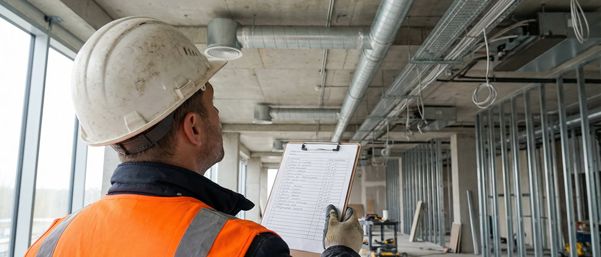 İç mimari uygulama projesinde tavan ve altyapı detaylarını kontrol eden şantiye şefi