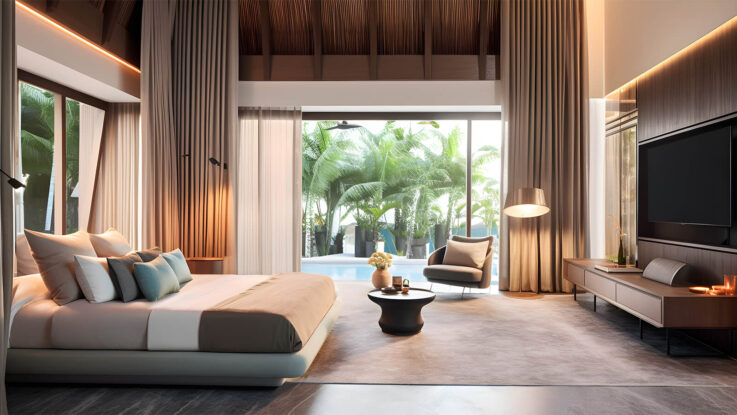 Tropikal peyzajlı ve havuz erişimli resort otel oda tasarımı