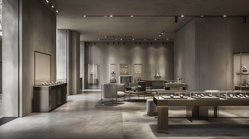 Modern kuyumcu mağazası dekorasyonu ve vitrin aydınlatma detayları
