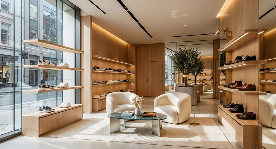 Doğal ahşap raf sistemleri ve gizli led aydınlatma ile tasarlanmış modern ayakkabı showroom dekorasyonu örneği