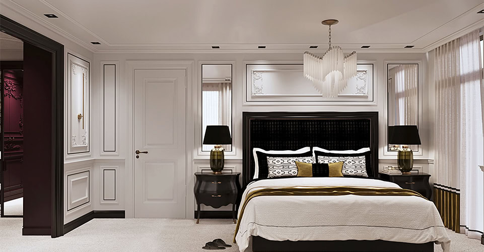 Yatak odası dekorasyonunda siyah abajur ve modern avize uyumu