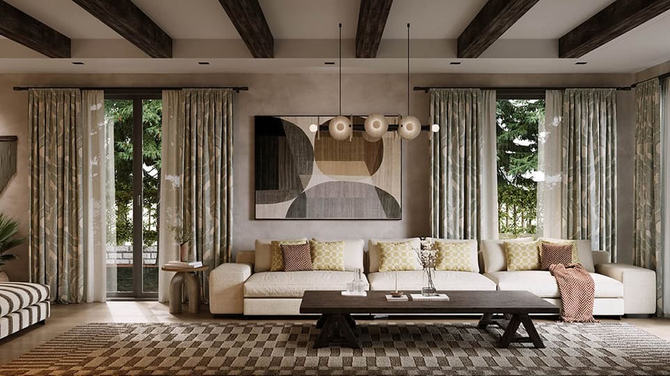 Rustik modern salon tasarımında doğal ahşap mobilyalar ve tekstil uyumu