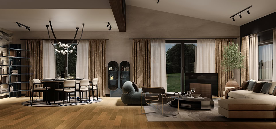 Açık planlı modern villa salonunda yemek ve oturma alanı  iç mekan tasarım örneği