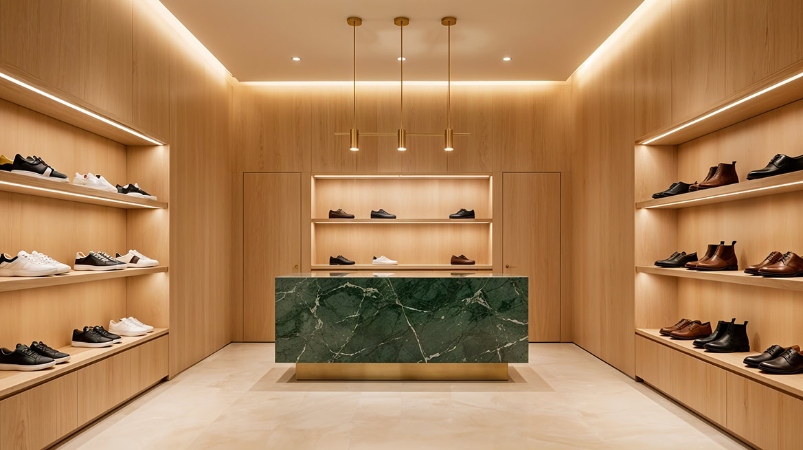 Yeşil mermer banko ve doğal ahşap raf sistemleriyle showroom tasarımı