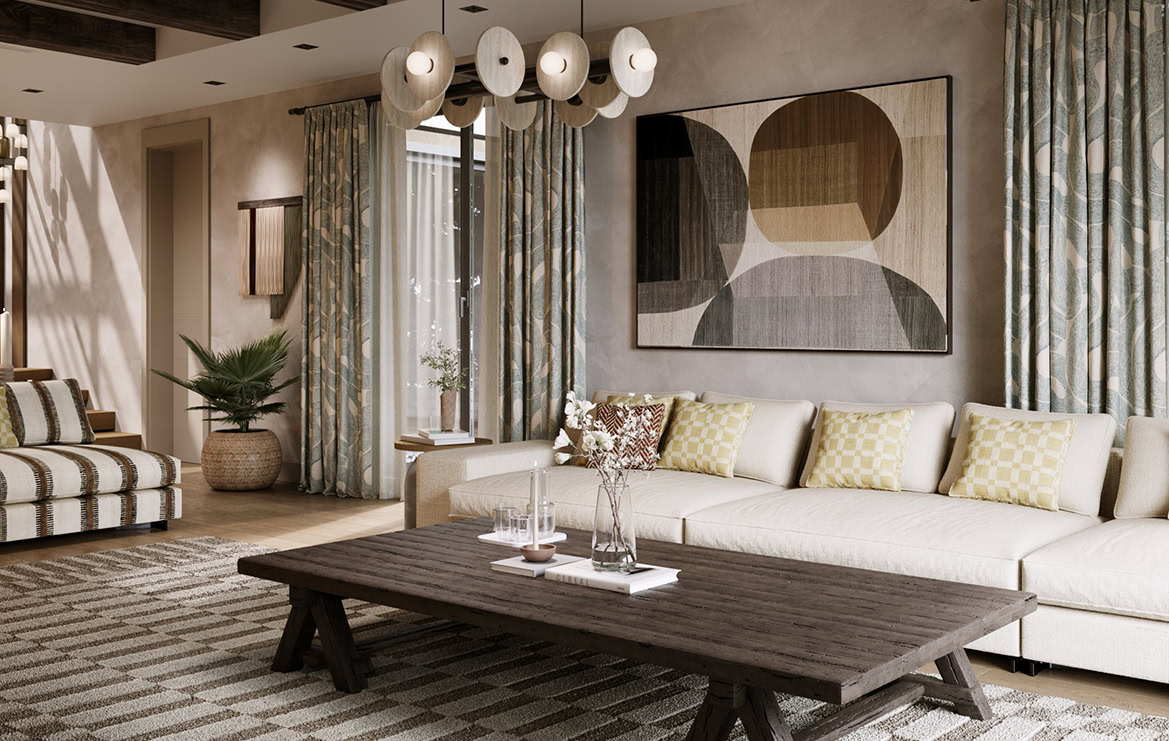 Masif ahşap orta sehpa ve modern oturma grubuyla villa mimarlığı örneği