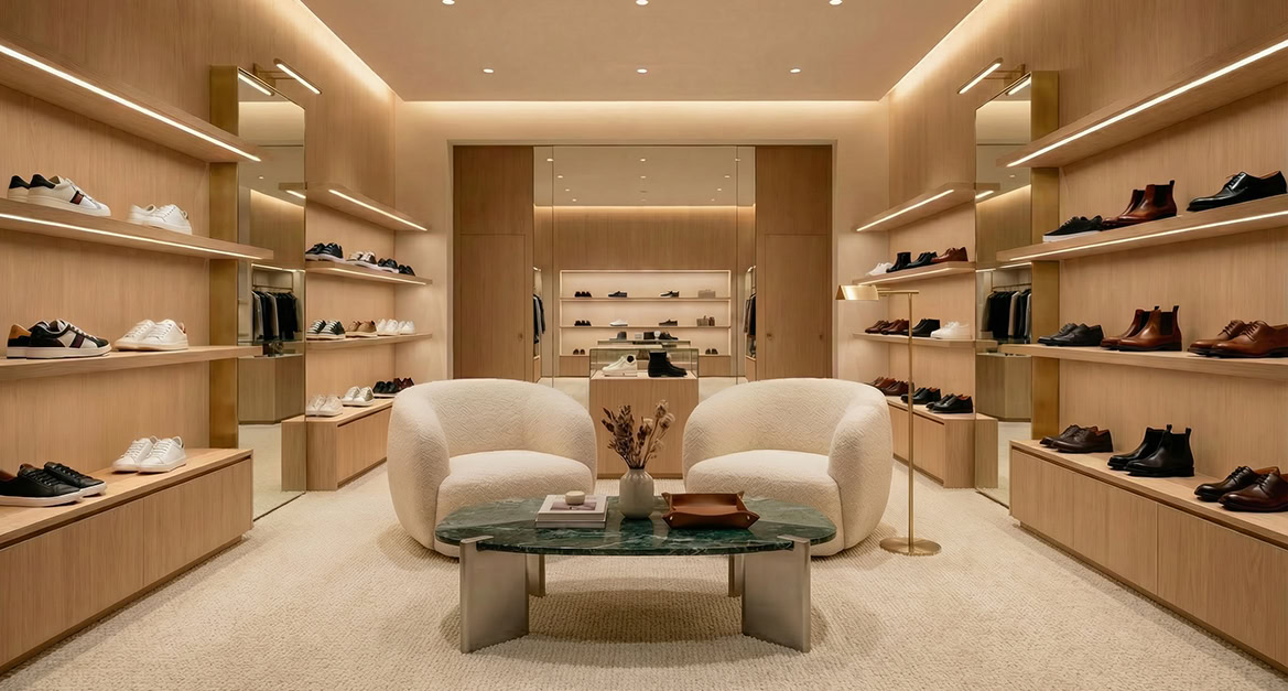 Doğal ahşap rafların kullanıldığı butik ayakkabı mağaza tasarım uygulaması