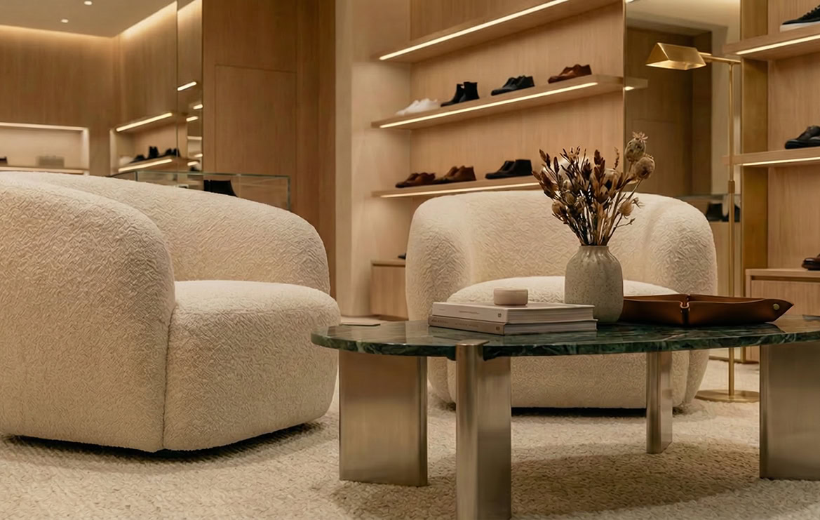 Buklet kumaş beyaz berjerler ve yeşil mermer sehpa detaylarıyla modern mağaza tasarımı oturma alanı