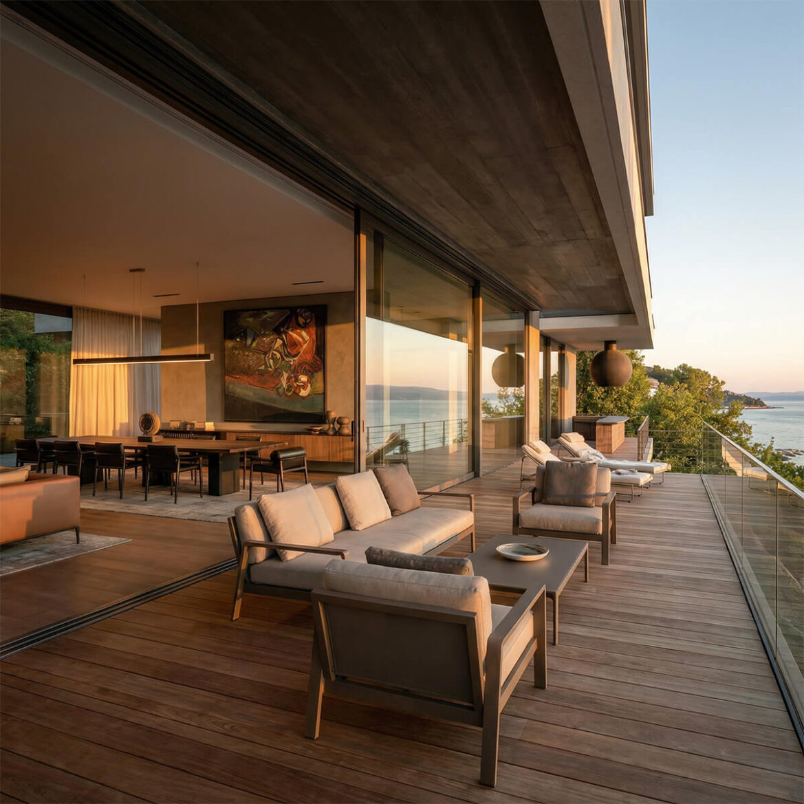 Bodrum villası dış mekan terasında ahşap deck zemin kaplaması, cam korkuluk sistemleri ve metal iskeletli lounge mobilyaları