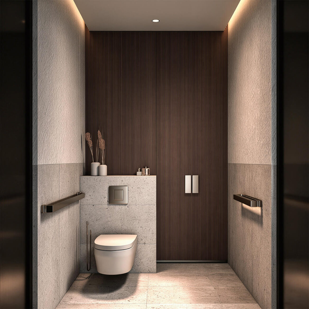 Klinik WC alanında gömme rezervuar, terrazzo duvar seramiği, ahşap latalı panel ve paslanmaz çelik tutunma barları