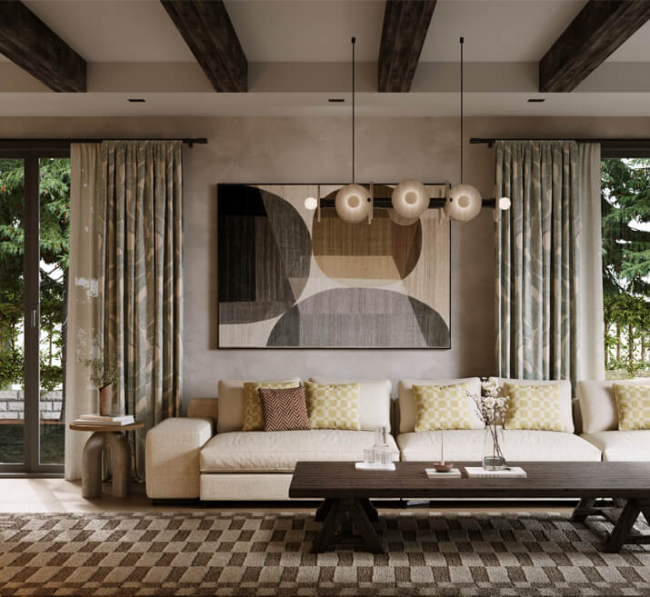 Profesyonel iç mimarlık çözümleriyle kurgulanmış; ahşap tavan kirişleri, özel aydınlatma ve estetik detaylara sahip modern villa salonu tasarımı