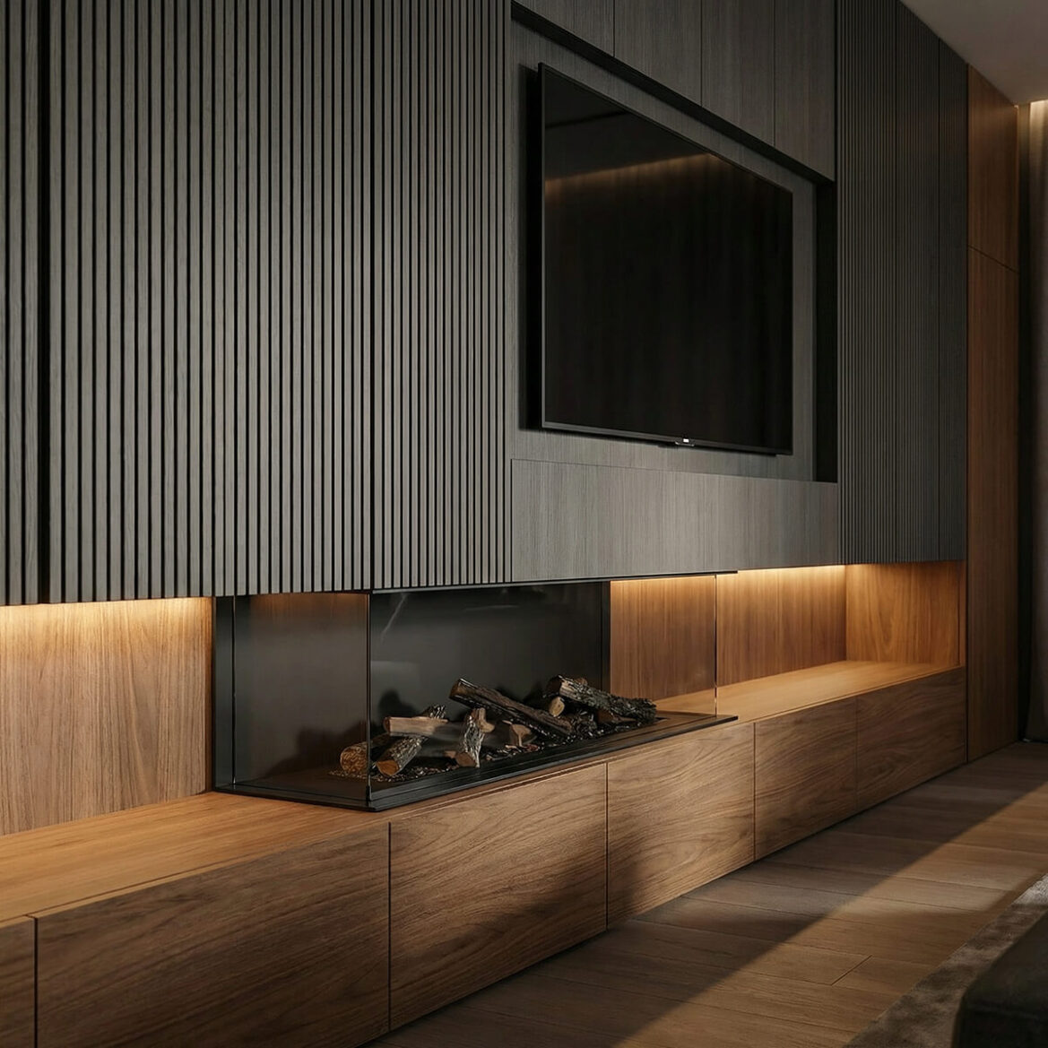 Modern villa salonunda antrasit latalı panel duvar, gömme TV nişi ve altında bulunan cam hazneli dekoratif şömine ünitesi