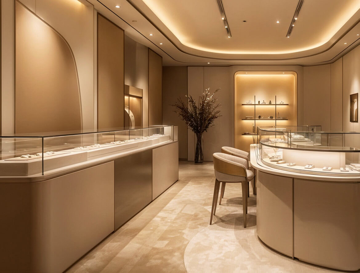 Acr Jewellery mağazası satışlarında %20 artış sağlayan; kavisli cam teşhir alanları, vitrin tasarımı ve led aydınlatma uygulamaları