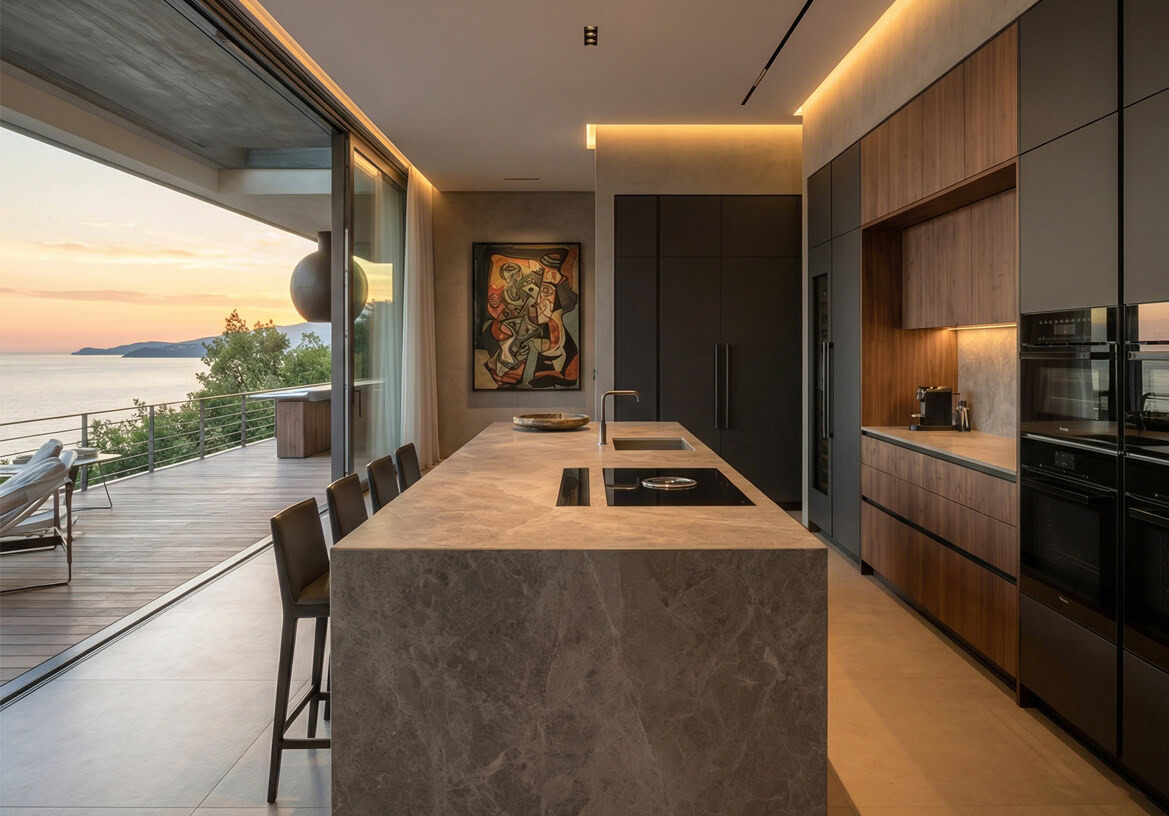 Deniz manzaralı modern mutfak, mermer ada tezgah ve teras bağlantısıyla anahtar teslim villa tadilat projesi