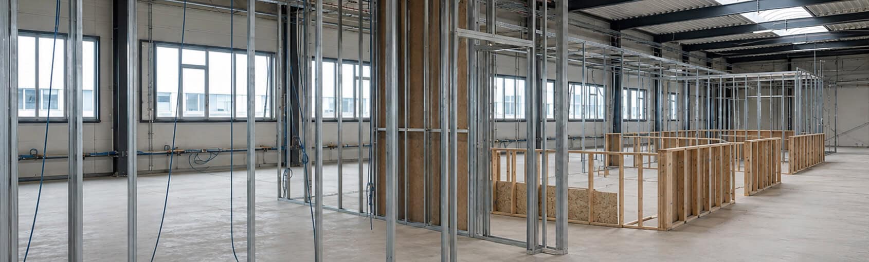 Galvaniz profiller ve ahşap bölme çalışma alanı karkasları ile atölye iç mimarlık projesinin uygulama öncesindeki inşaat süreci